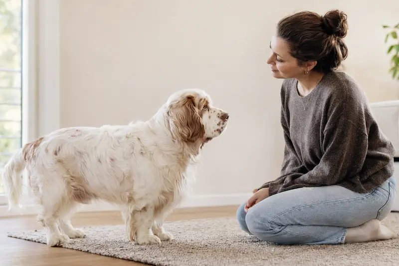 Ein aufmerksam stehender Clumber-Spaniel vor hellem Hintergrund in natürlicher Haltung und mit typischer Fellstruktur.
