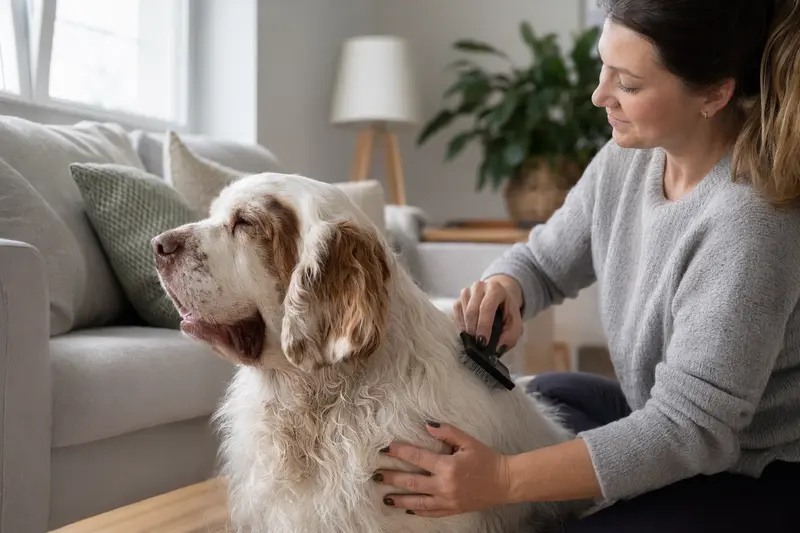 Ein Clumber-Spaniel wird in einer hellen Wohnung sanft gebürstet, während sein Besitzer liebevoll die Fellpflege übernimmt.