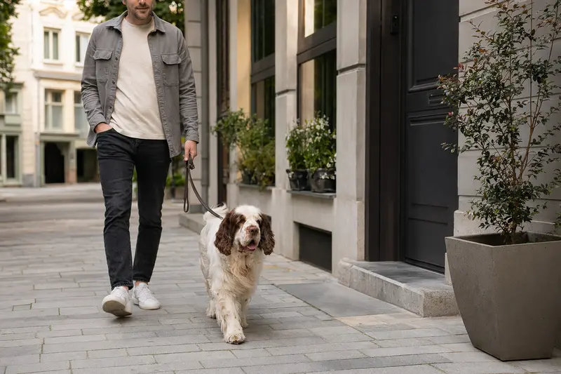Ein Clumber-Spaniel läuft an der Leine mit seinem Besitzer durch eine saubere moderne Stadtstraße.