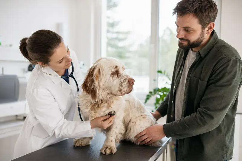Ein ruhiger Clumber-Spaniel Hund wird von einer freundlichen Tierärztin mit einem Stethoskop in einer modernen Tierarztpraxis untersucht.