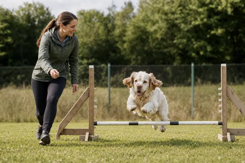 Ein Clumber-Spaniel trainiert mit seinem Besitzer auf einem Hundeplatz über eine kleine Trainingshürde.