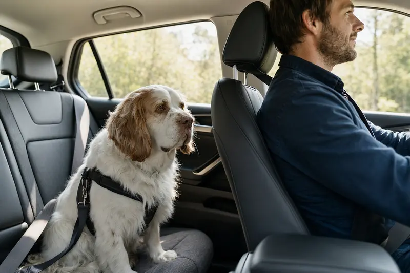 Ein Clumber-Spaniel sitzt sicher angeschnallt auf der Rückbank eines Autos, während sein Besitzer fährt.