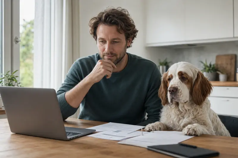 Ein Clumber-Spaniel sitzt entspannt neben seinem Besitzer am Küchentisch, auf dem Versicherungsunterlagen und ein Laptop liegen.