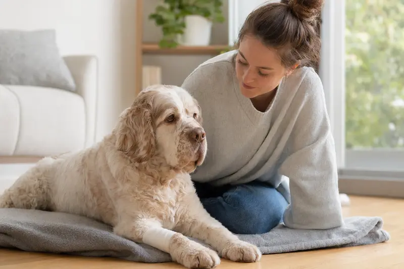 Ein Clumber-Spaniel Hund mit leichtem Verband entspannt sich neben seinem Besitzer in einer hellen Wohnung.