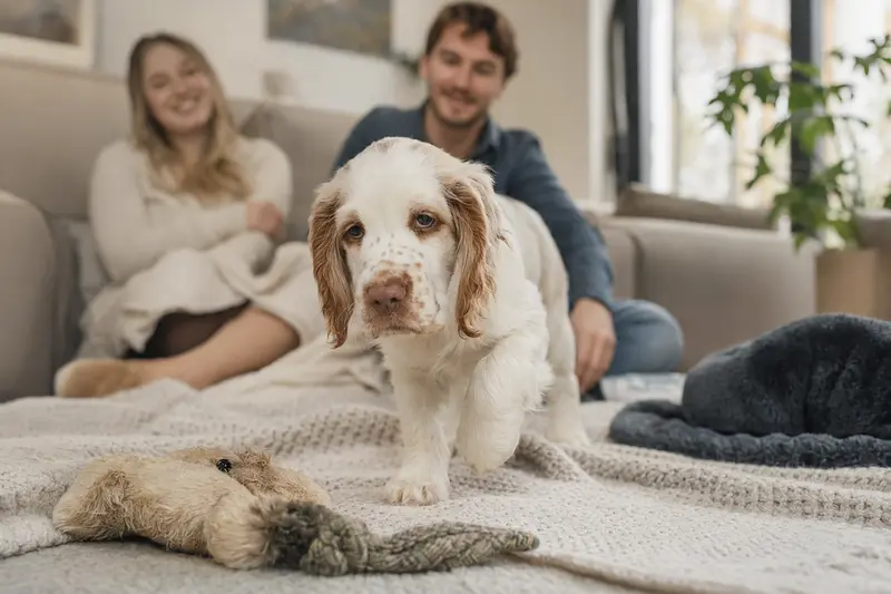 Ein neugieriger Clumber-Spaniel Welpe entdeckt seine liebevolle Familie und die Umgebung.