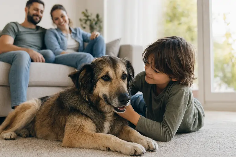 Ein freundlicher Coban Hirtenhund liegt entspannt neben einem Kind im Wohnzimmer und vermittelt Vertrauen.