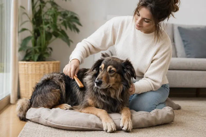 Ein Coban Hirtenhund wird zuhause von seinem Besitzer sanft gebürstet und gepflegt.