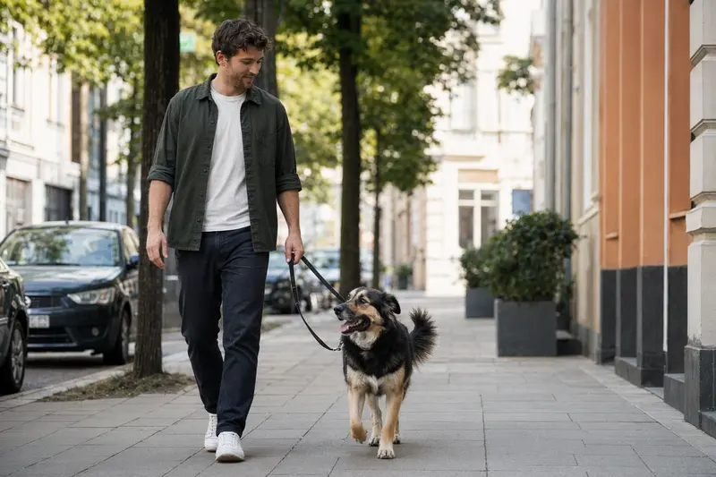 Ein Coban Hirtenhund läuft entspannt an der Leine mit seinem Besitzer durch eine moderne Stadtstraße.