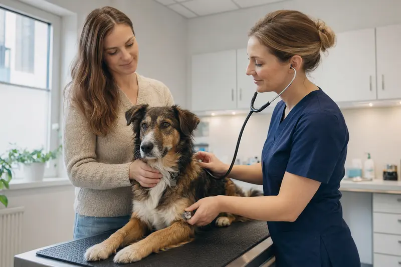 Ein ruhiger Coban Hirtenhund auf einem Untersuchungstisch, während eine freundliche Tierärztin ihn mit einem Stethoskop untersucht.