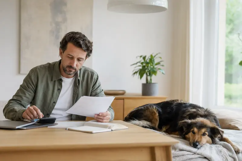 Ein Hundehalter sitzt mit einer Tierarztrechnung am Tisch, während ein entspannter Coban Hirtenhund auf einer Decke daneben liegt.