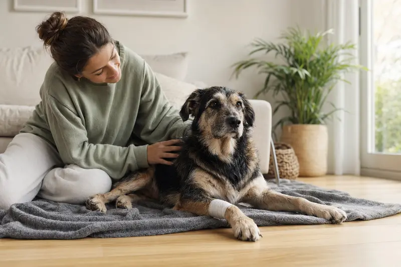Ein Coban Hirtenhund mit leichtem Verband an der Pfote liegt entspannt auf einer Decke, während sein Besitzer erleichtert neben ihm sitzt.