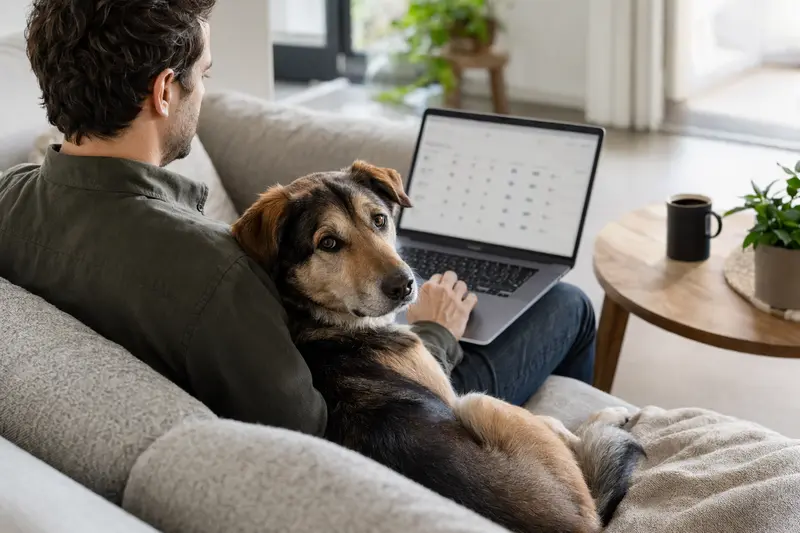 Ein Hundebesitzer sitzt mit Laptop auf dem Sofa, während sein Coban Hirtenhund neben ihm liegt, der Bildschirm zeigt eine neutrale Versicherungsvergleichsseite.