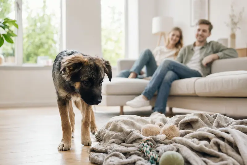 Ein neugieriger Coban Hirtenhund Welpe entdeckt sein neues Zuhause mit einer weichen Decke und Spielzeug.