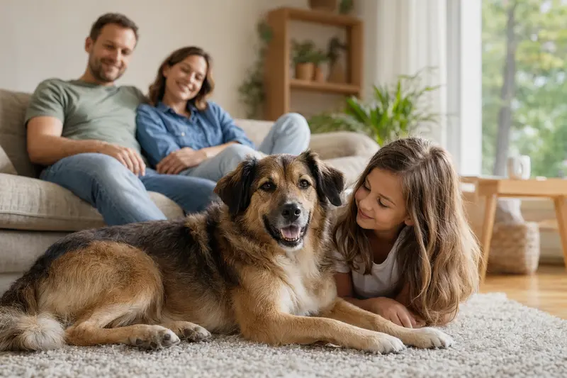 Ein freundlicher Coban Köpegi Hund liegt entspannt neben einem Kind im Wohnzimmer in einer sicheren Familienatmosphäre.