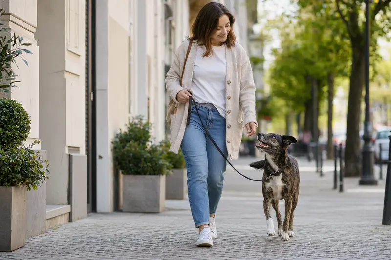 Ein Coban Köpegi läuft an der Leine mit seinem Besitzer durch eine moderne Stadtstraße.