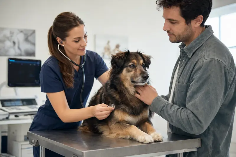 Eine Tierärztin untersucht einen ruhigen Coban Köpegi Hund mit dem Stethoskop in einer hellen Tierarztpraxis, während der Besitzer beruhigend danebensteht.