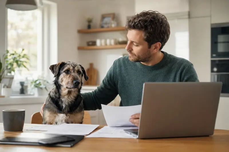 Ein Coban Köpegi sitzt ruhig neben seinem Besitzer am Küchentisch mit Versicherungsunterlagen und einem Laptop mit neutraler Vergleichsseite.