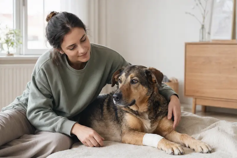 Ein Coban Köpegi liegt mit leicht bandagierter Pfote ruhig auf einer Decke, während sein erleichterter Besitzer neben ihm sitzt.