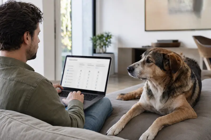 Ein Hund und sein Besitzer überprüfen bequem von ihrem Sofa aus eine Versicherungsvergleichsseite auf einem Laptop.
