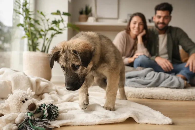 Ein junger Coban Köpegi Welpe erkundet neugierig sein neues Zuhause mit weicher Decke und Spielzeug in einer hellen Wohnung.