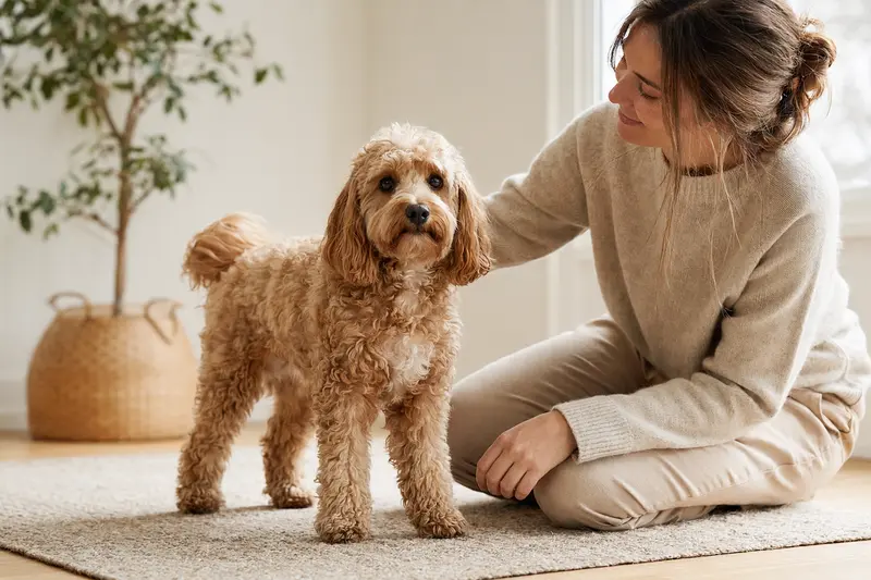 Ein aufmerksam stehender Cockapoo Hund vor hellem Hintergrund als realistisches Tierportrait für einen Ratgeber zu Hundegesundheit und Versicherung.