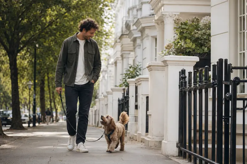 Ein Cockapoo läuft an der Leine mit seinem Besitzer durch eine freundliche moderne Stadtstraße.