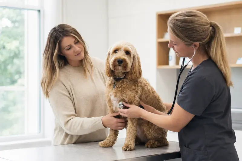 Ein ruhiger Cockapoo auf einem Untersuchungstisch, während eine freundliche Tierärztin ihn mit einem Stethoskop untersucht und der Besitzer beruhigend daneben steht.