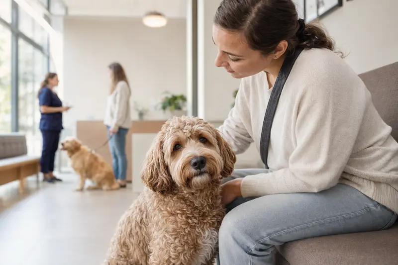 Ein Cockapoo sitzt ruhig neben seinem Besitzer im hellen Wartezimmer einer modernen Tierarztpraxis.