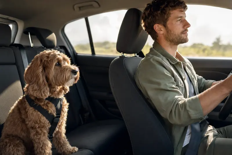 Ein Cockapoo sitzt sicher angeschnallt auf der Rückbank eines Autos, während die Sonne durch das Fenster scheint und der Fahrer ruhig fährt.