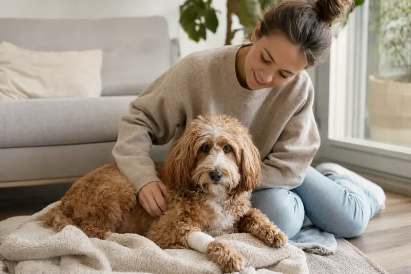 Ein Cockapoo Hund mit einem leichten Verband an der Pfote liegt entspannt auf einer Decke, während sein Besitzer neben ihm sitzt und erleichtert aussieht.