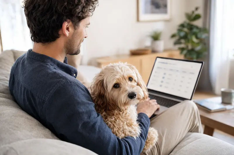 Ein Besitzer arbeitet am Laptop auf dem Sofa, während ein Cockapoo Hund neben ihm sitzt und eine Versicherungsvergleichs-Oberfläche unscharf im Hintergrund sichtbar ist.