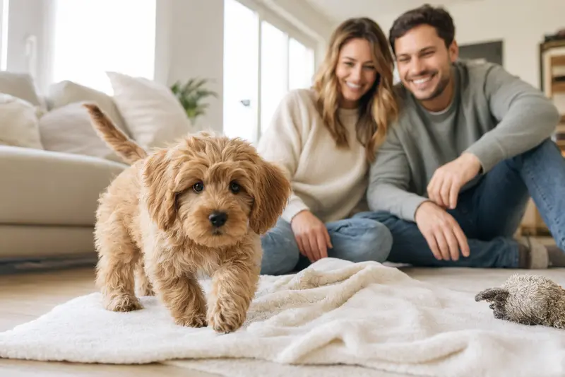 Ein neugieriger Cockapoo Welpe erkundet sein neues Zuhause mit einer liebevollen Familie im Hintergrund.