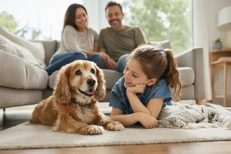 Ein entspannter Cocker Spaniel liegt neben einem Kind im Wohnzimmer und genießt die familiäre Atmosphäre.