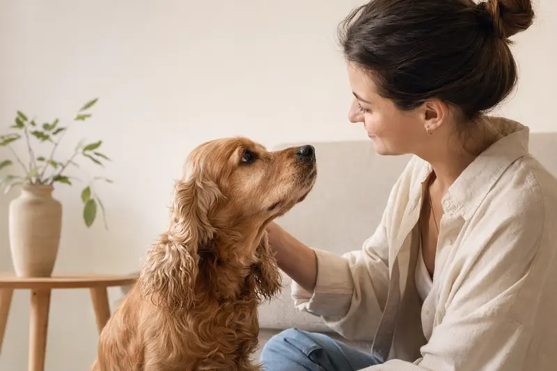 Ein aufmerksam stehender Cocker Spaniel vor hellem Hintergrund als hochwertiges Tierporträt für einen Ratgeber zur Hundegesundheit.