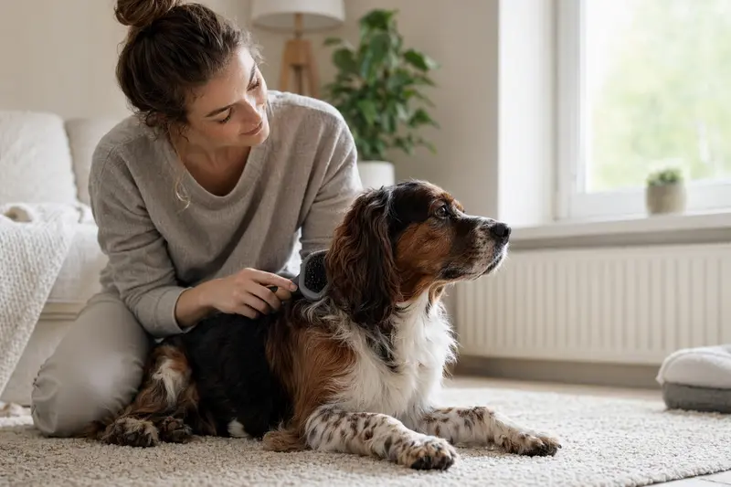 Ein Cocker Spaniel wird zuhause sanft gebürstet, während sich der Besitzer liebevoll um die Fellpflege kümmert.