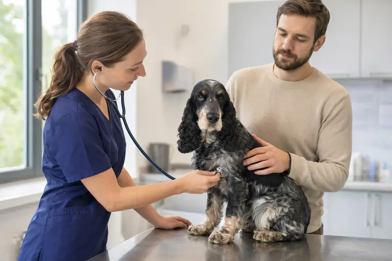 Ein vertrauensvoller Cocker Spaniel wird von einer freundlichen Tierärztin mit Stethoskop in einer modernen Tierarztpraxis untersucht, während sein Besitzer beruhigend daneben steht.