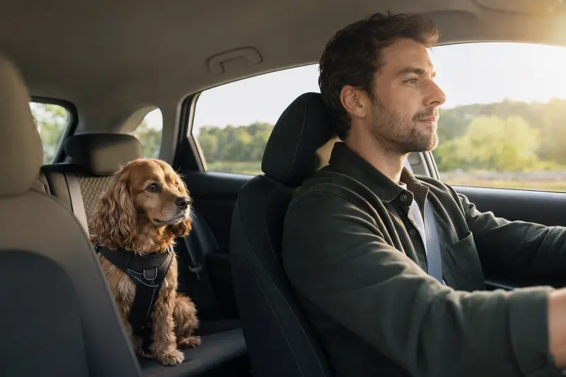 Ein Cocker Spaniel ist sicher angeschnallt auf der Rückbank eines Autos, während der Besitzer fährt.