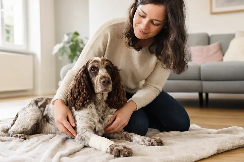 Ein Cocker Spaniel mit leichtem Verband an der Pfote liegt entspannt auf einer Decke, während sein Besitzer erleichtert neben ihm sitzt.