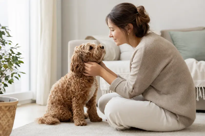 Aufmerksam stehender Cockerpoo Hund im professionellen Portrait vor hellem neutralem Hintergrund.