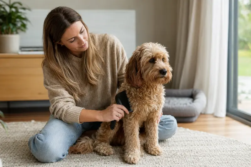 Ein Cockerpoo wird in einer hellen Wohnung sanft von seinem Besitzer gebürstet, was liebevolle Fellpflege und verantwortungsvolle Hundegesundheit zeigt.