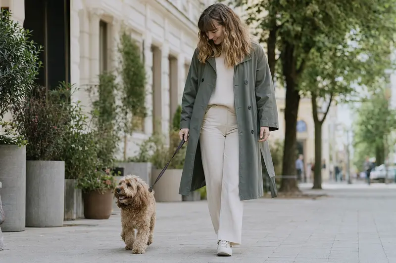 Ein Cockerpoo läuft an der Leine mit seinem Besitzer durch eine freundliche moderne Stadtstraße.