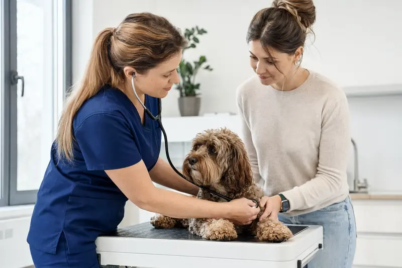 Ein Cockerpoo Hund wird von einer Tierärztin auf einem Untersuchungstisch untersucht, während sein Besitzer beruhigend danebensteht.