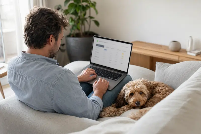 Ein Hundebesitzer arbeitet mit einem Laptop auf dem Sofa, während ein Cockerpoo neben ihm sitzt und eine neutrale Versicherungsvergleichsoberfläche auf dem Bildschirm zu sehen ist.