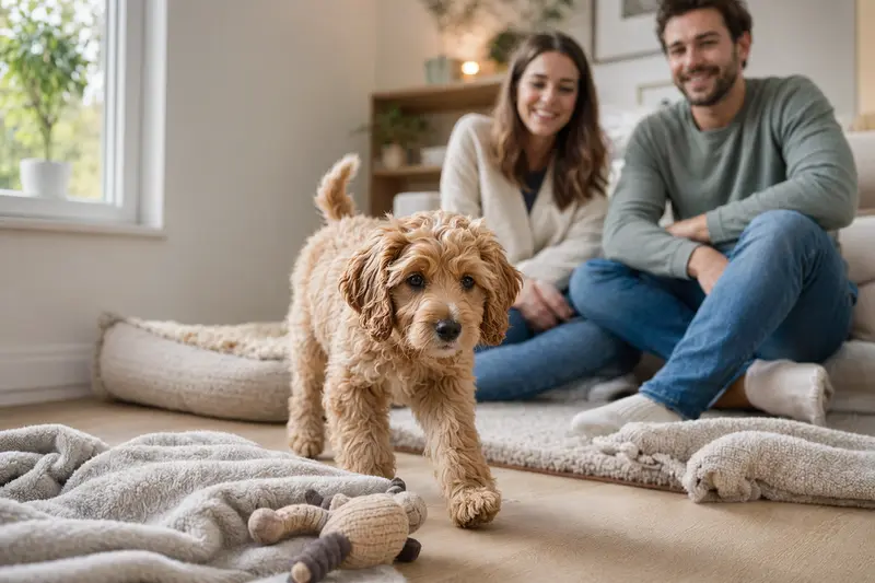 Ein junger Cockerpoo Welpe erkundet neugierig sein neues Zuhause mit einer weichen Decke und Spielzeug.