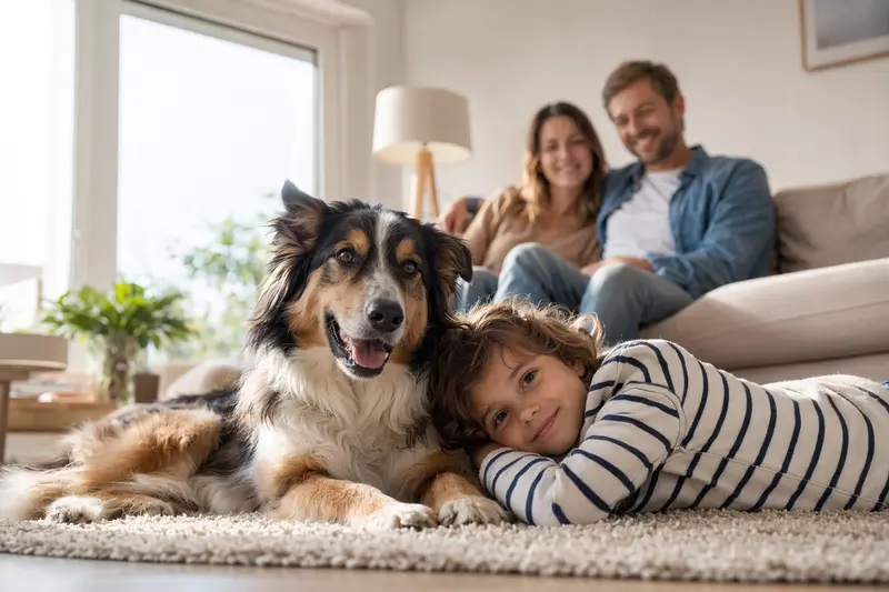 Ein entspannter Collie Hund liegt neben einem Kind im Wohnzimmer und vermittelt eine warme Familienatmosphäre.