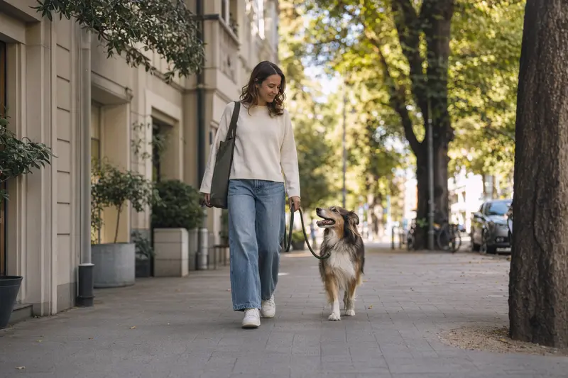 Ein Collie läuft angeleint mit seinem Besitzer durch eine freundliche moderne Stadtstraße im Alltag.