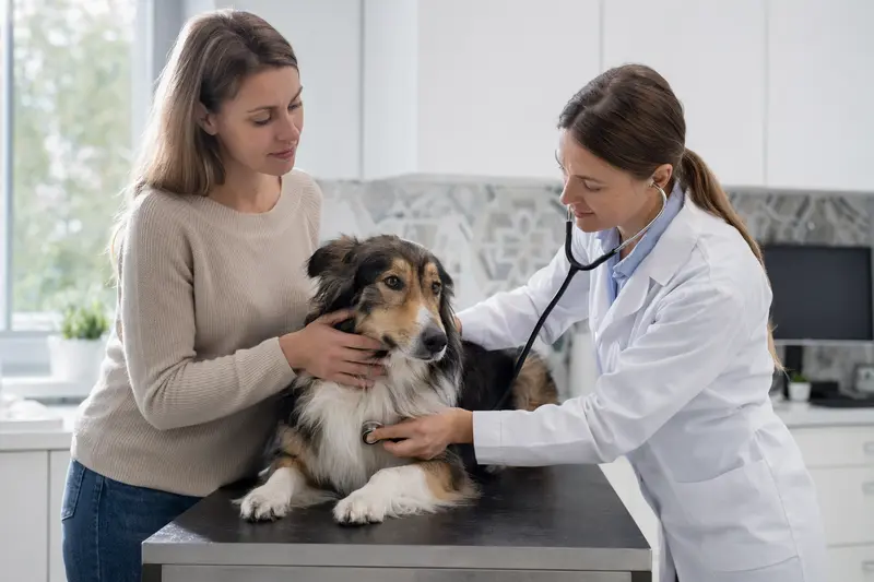 Ein ruhiger Collie Hund wird von einer freundlichen Tierärztin in einer modernen Tierarztpraxis mit einem Stethoskop untersucht, während der Besitzer beruhigend daneben steht.
