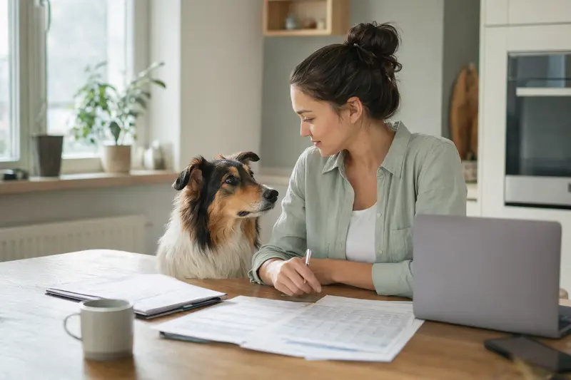 Ein ruhiger Collie sitzt neben seinem Besitzer am Küchentisch, auf dem Versicherungsunterlagen und ein Laptop liegen.