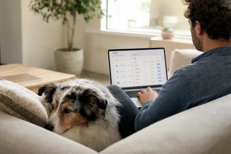 Ein Besitzer sitzt mit einem Laptop auf dem Sofa, während ein Collie neben ihm liegt und eine neutrale Versicherungsvergleichs-Oberfläche auf dem Bildschirm angezeigt wird.