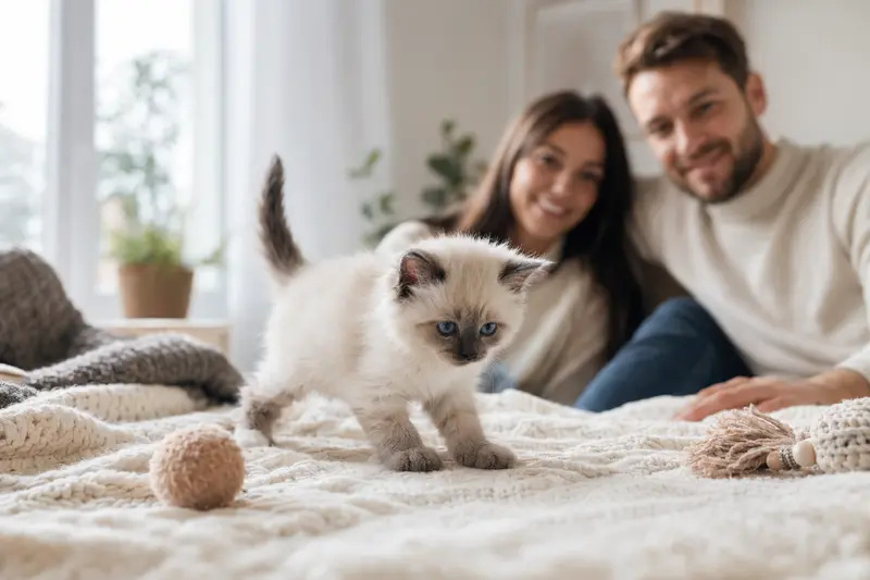 Ein neugieriges Colourpoint Kitten erkundet seine neue, liebevolle Umgebung mit einer weichen Decke und Spielzeug.